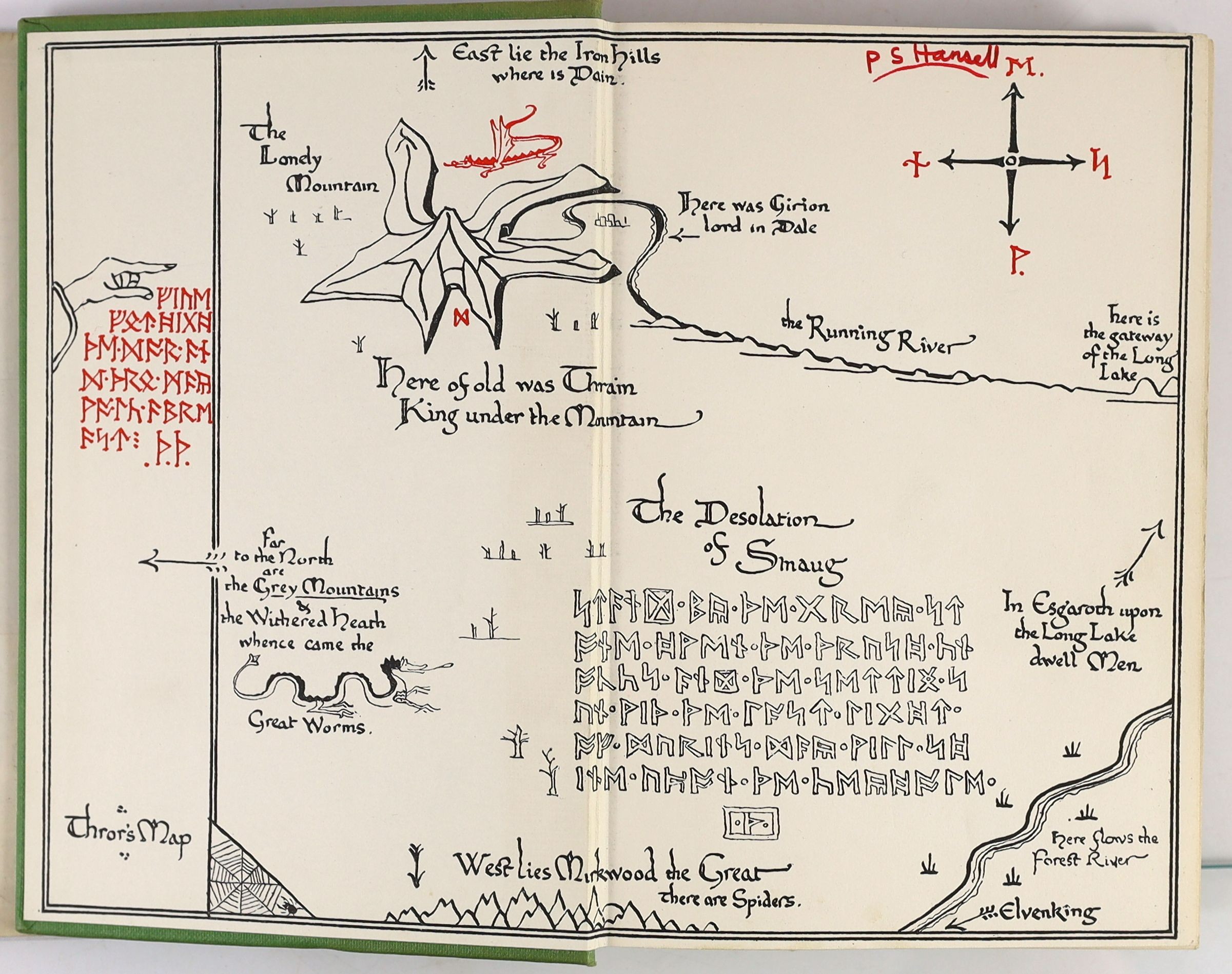 Tolkien, John Ronald Reuel - The Hobbit, 2nd edition, 14th impression, with colour frontispiece, map endpapers, original green cloth in clipped d/j, spine with minor tears and loss, ownership inscription in red ink to fr